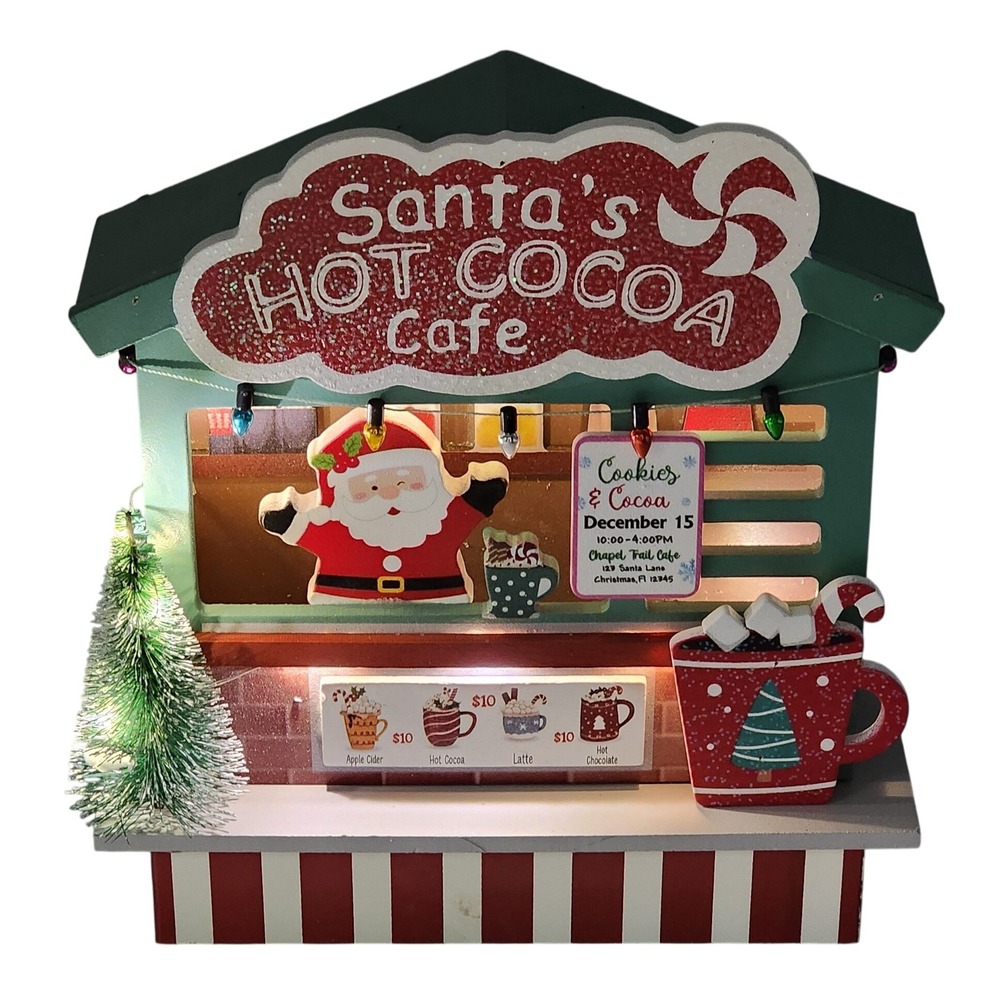 Santa's Hot Cocoa Cafe Light Up Christmas Tabletop Decor 8" Wood Whimsical NEW